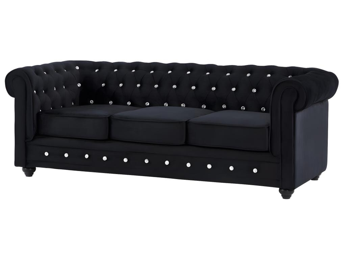 Sofás de 3 Plazas 2 Plazas Y Sillón de Terciopelo Negro Con Efecto de Botones de Cristal Chesterfield VENTE-UNIQUE.PT (205 x 88 x 72 cm)