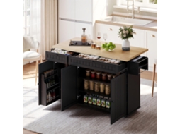 Ilha Cozinha Preta 137x89,5x45cm, Bancada Dobrável, 6 Rodízios, Prateleiras, 2 Gavetas E Armário.-lb