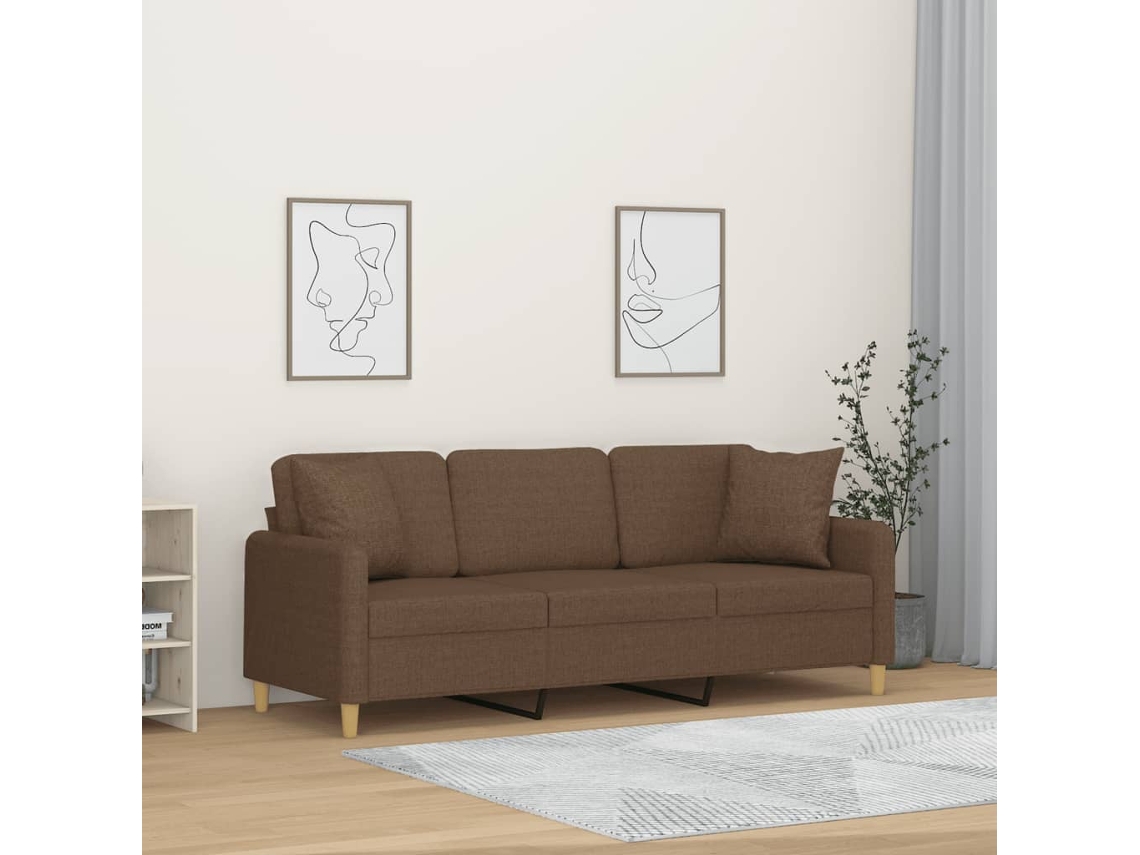 Vidaxl Sofá 3 Lugares + Almofadas Decorativas 180 Cm Tecido Castanho