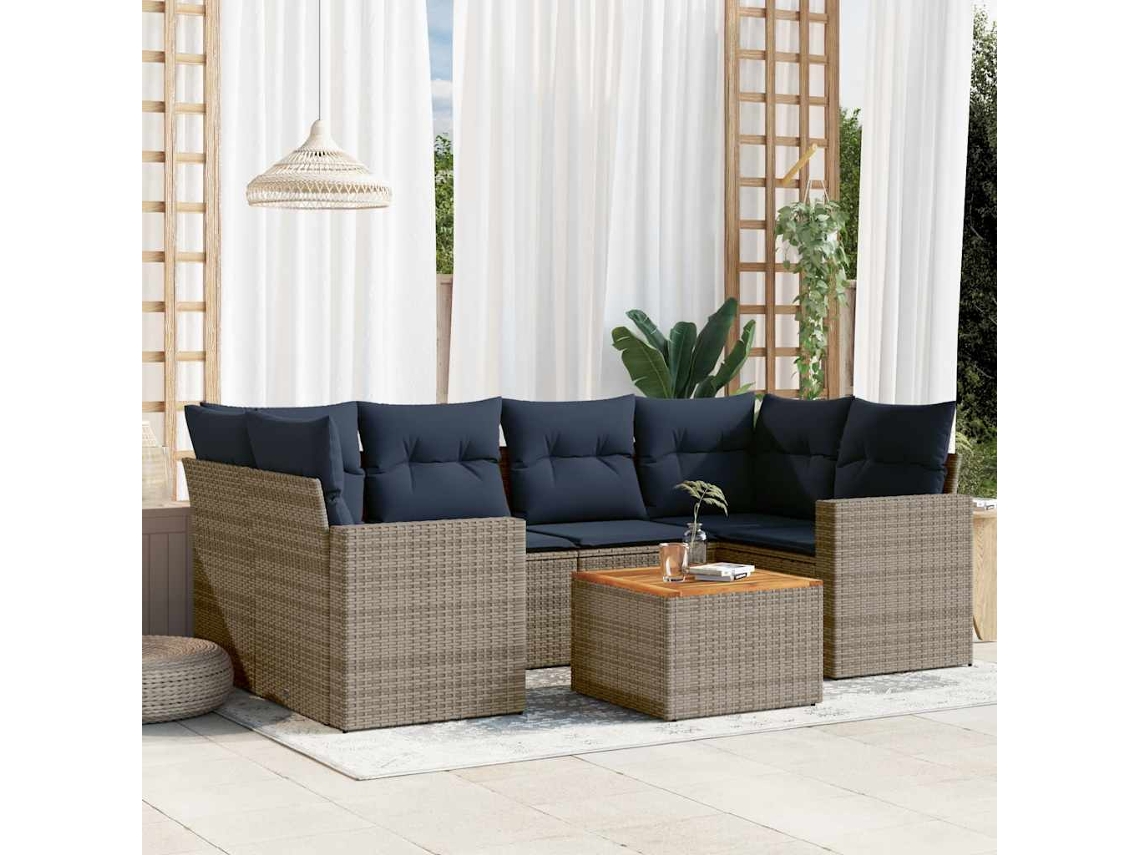 Vidaxl 7 Pcs Conjunto Sofás P/ Jardim C/ Almofadões Vime Pe Cinzento