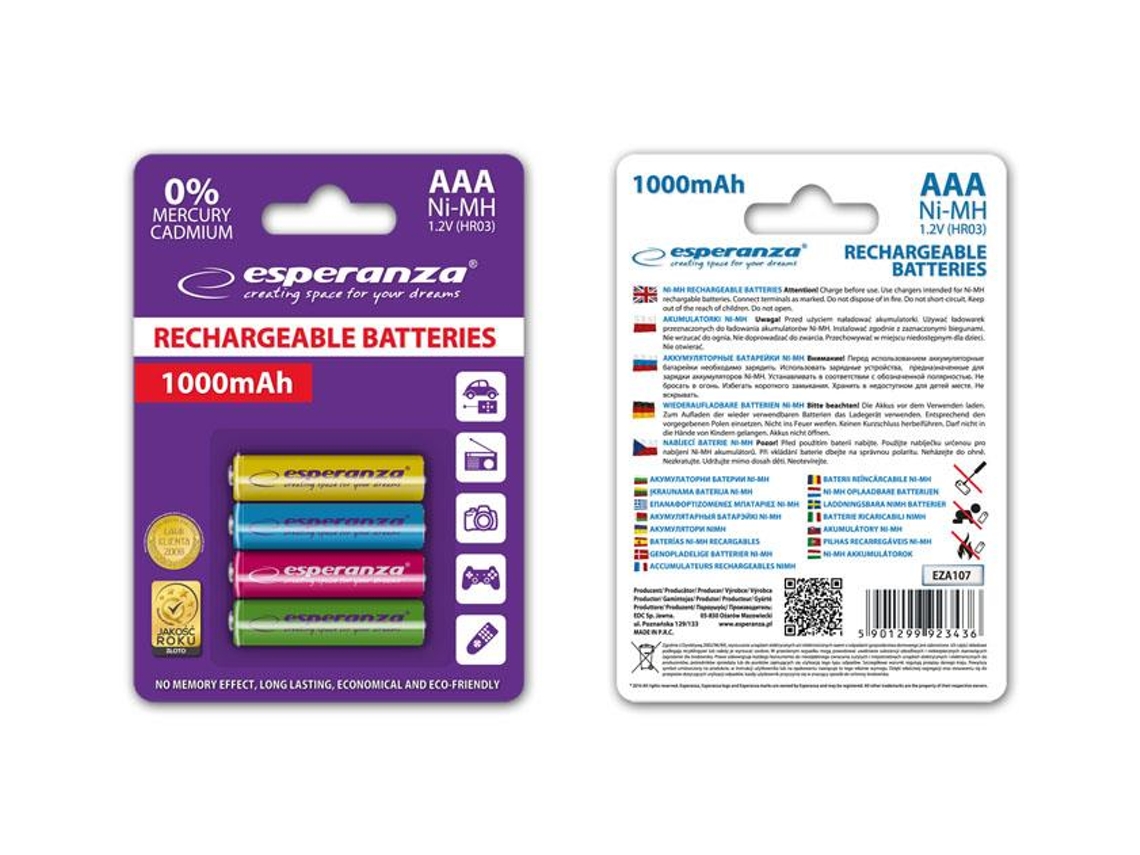 Pilhas Recarregáveis ​​ESPERANZA Aaa 1000mah, Pacote com 4 Unidades, Cores Sortidas.