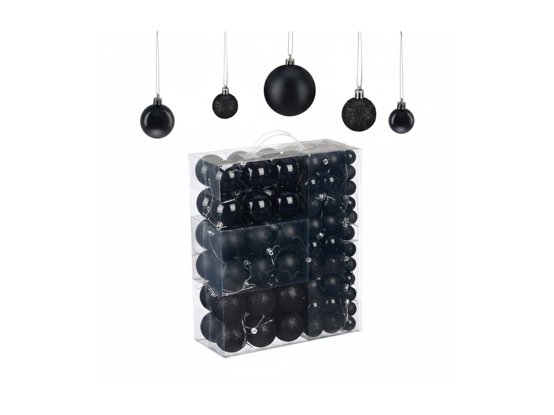 Relaxdays Bolas De Natal Em Conjunto De 138, Plástico, Gliter, Mate, Decoração Para Árvores De Natal, Preto