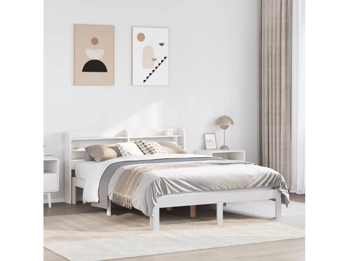Vidaxl Estrutura Cama C/ Cabeceira 135x190 Cm Pinho Maciço Branco