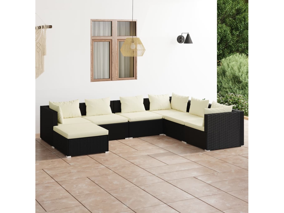 7 Pcs Conjunto Lounge De Jardim C/ Almofadões Vime Pe Preto Dkd Home Decor