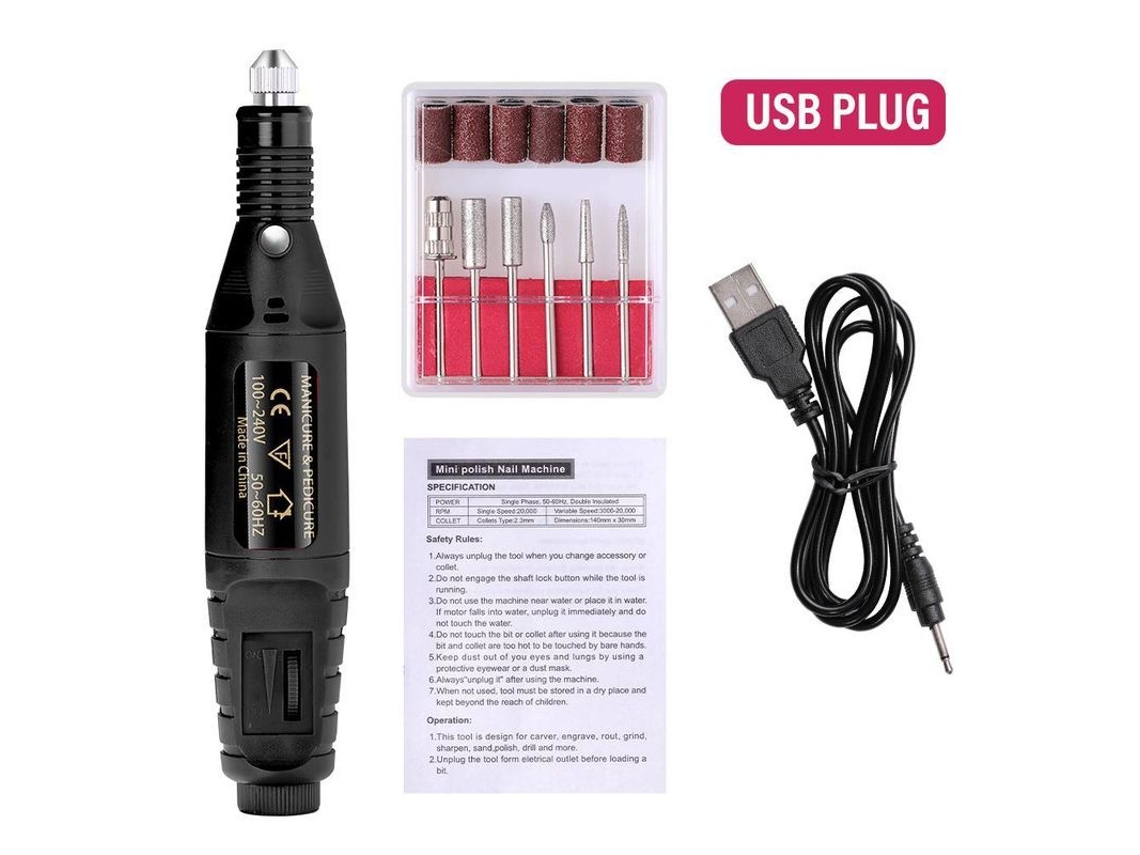 Máquina de Lixar Unhas Elétrica Profissional Kit Manicure Pedicure com 6 Pontas Usb