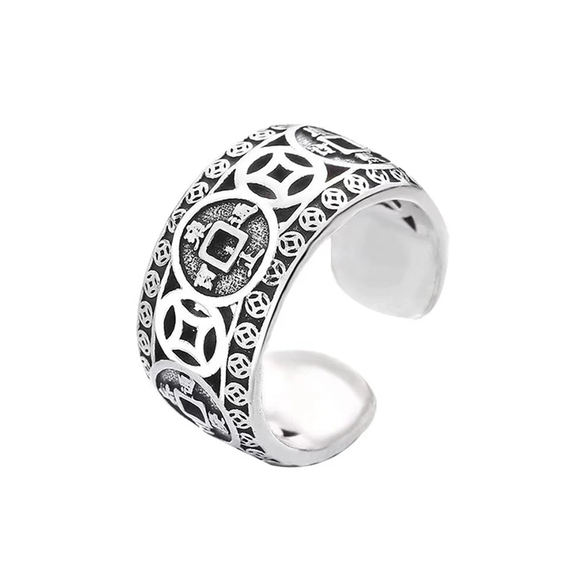 Anel Vazado em Cobre Estilo Retrô Chinês , Amuleto Feng Shui Masculino para Atrair Riqueza. MDUG (prateado)