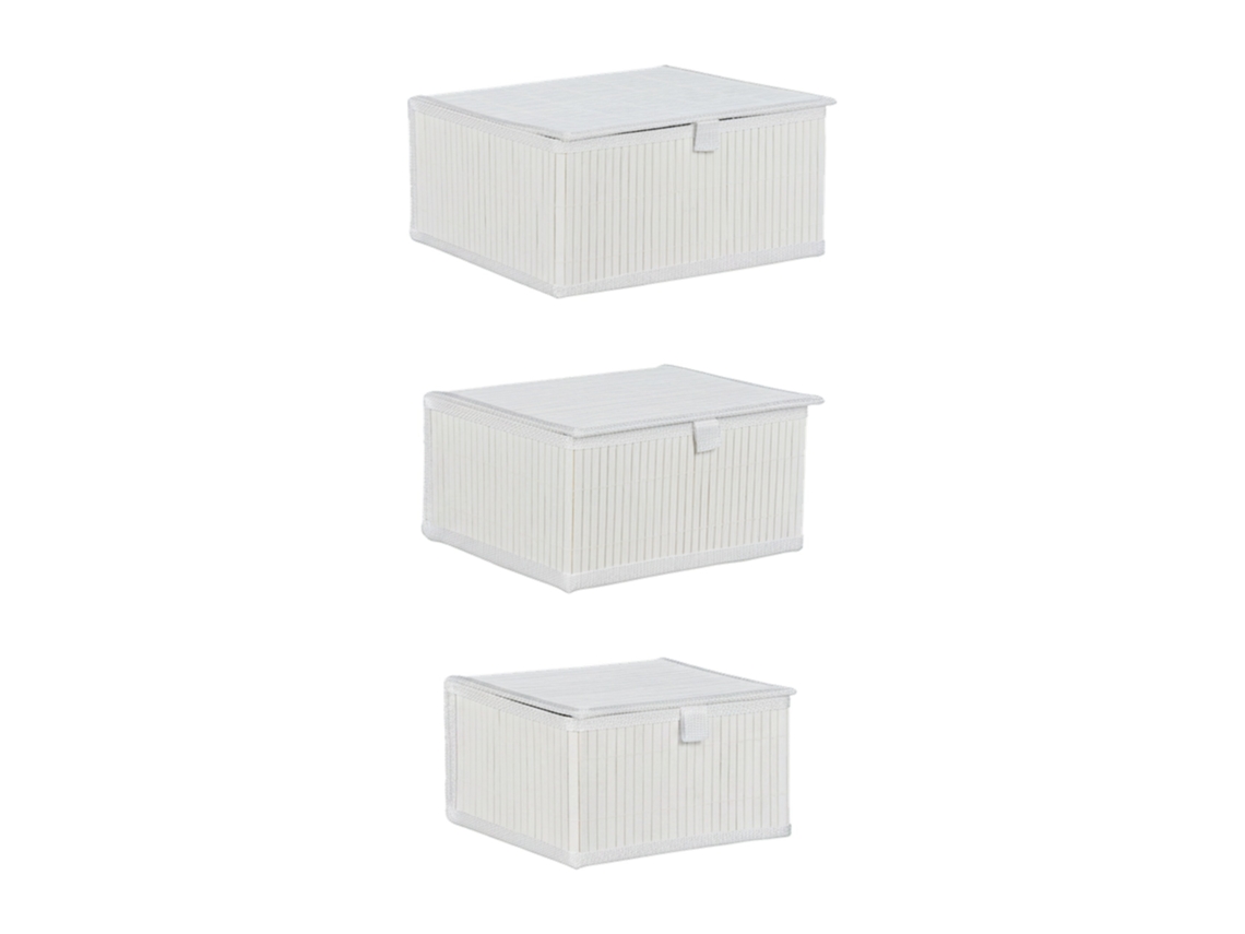 Conjunto Relaxdays 3 Cestos De Arrumação Com Tampa E Forro De Tecido, Bambu, 3 Tamanhos, Branco