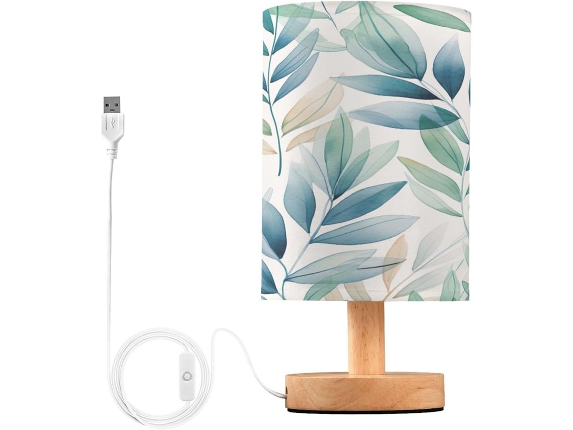 Abajur De Cabeceira Com Estampa Folhas Em Aquarela, Portas De Carregaje USB C, Luminária De Mesa Cabeceira, Luminária