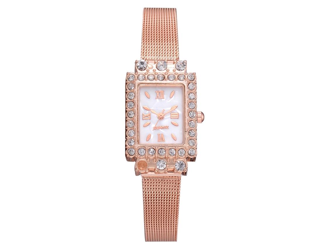 Relógio Feminino de Quartzo com Mostrador Quadrado e Strass Cinto de Malha Fashion