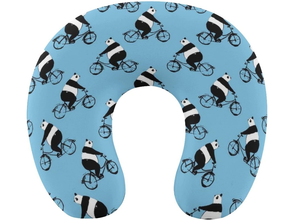 Almofada de Viag com Estampa Panda em uma Bicicleta, Apoio para o Pescoço, Espuma Viscoelástica, Acessório,