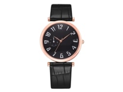 Relógio de quartzo casual e elegante para homens e mulheres com pulseira de couro PU (mostrador grande preto em tom ouro rosa).