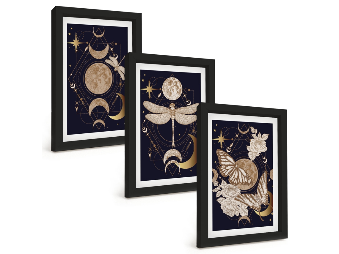Quadros Decorativos Para Parede Motivos Da Natureza, Lua, Flores Moldura Preta Quadros Para O Escritório Espelharte (3 Peças 20x30 Cm)