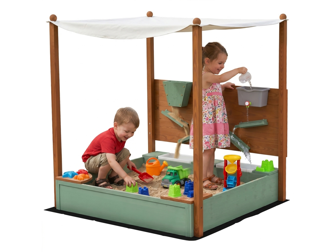 Caixa De Areia Para Crianças De Madeira Com Teto 2 Assentos 2 Caixas Torneira Funil 116x112,5x128 Cm Verde