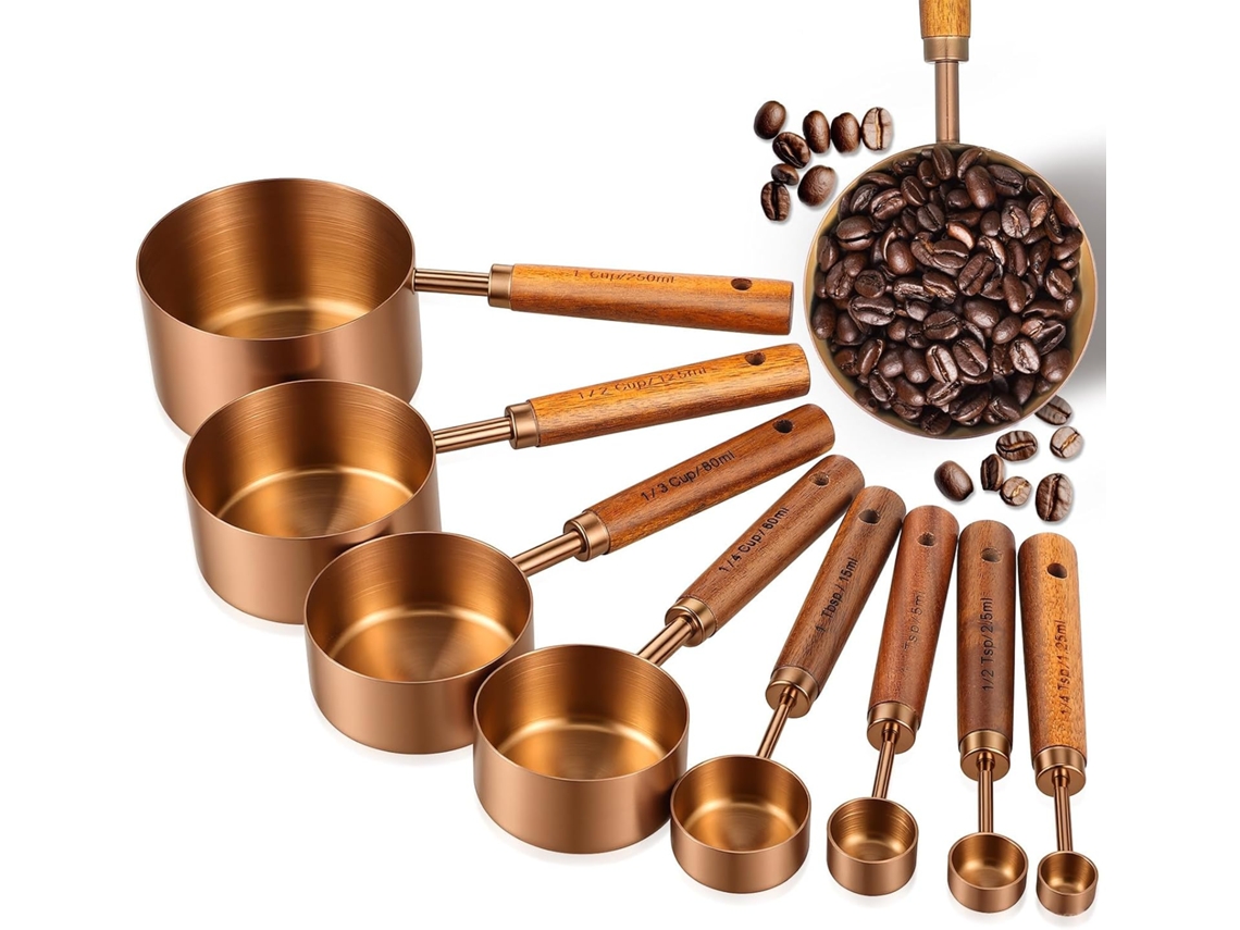 Conjunto De 8 Peças Em Aço Inoxidável Na Cor Ouro Rosa, Incluindo Colheres, Xícaras E Colheres Medidoras Com Cabo De