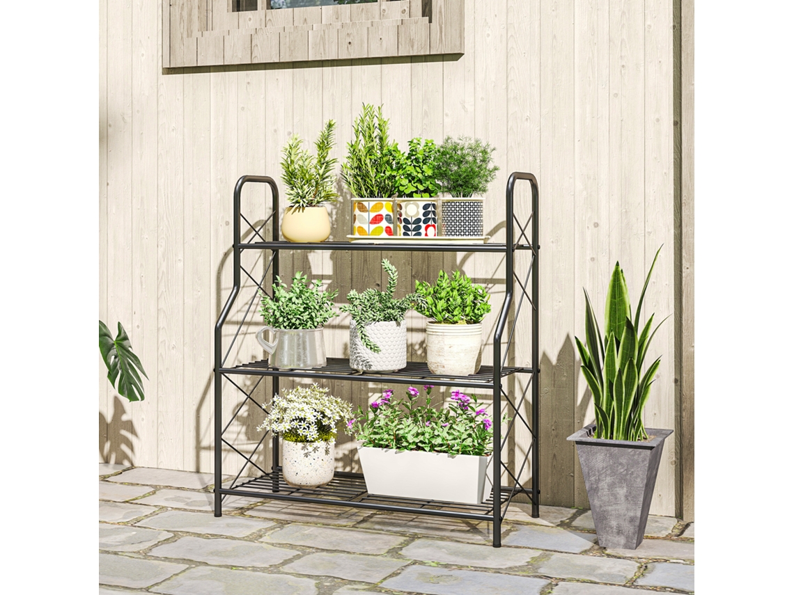 Estante Metálica Preta Para Plantas, 3 Níveis, Resistente Para Uso Interno E Externo, 69x28,5x78 Cm