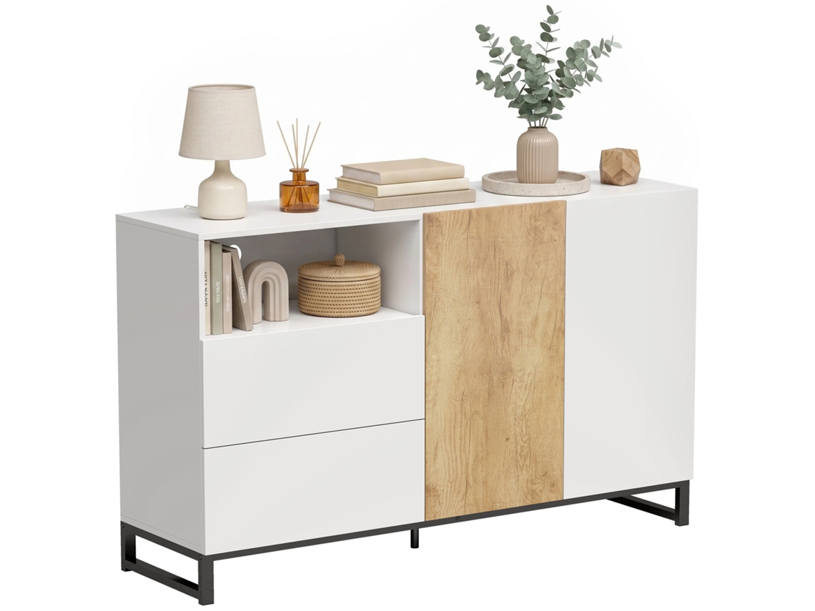 Buffet De Sala Com 2 Portas E 2 Gavetas, Prateleira Ajustável, Branco E Carvalho