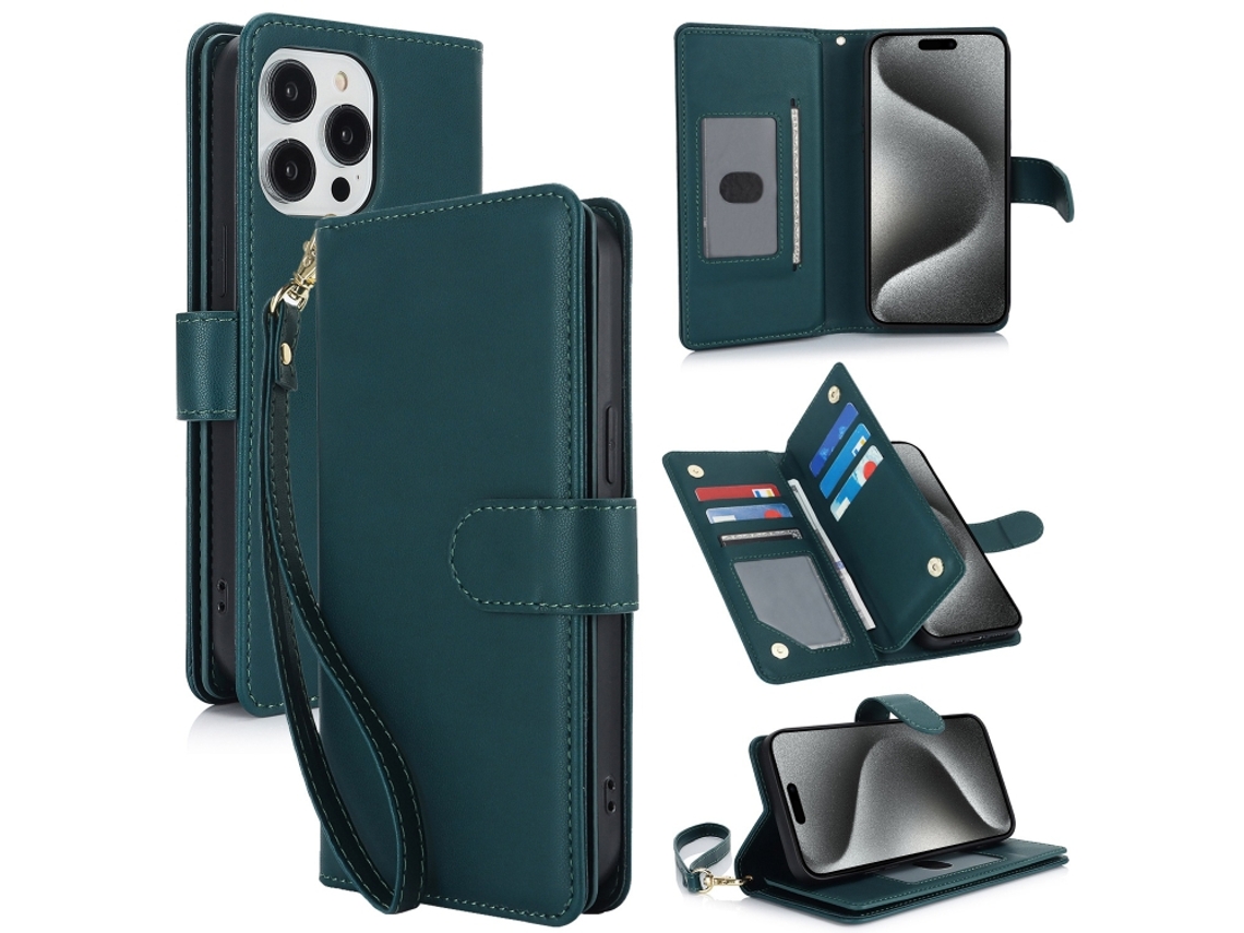 Capa Carteira De Couro Para Iphone 15 Pro Max - Com Rfid - Para Vários Cartões
