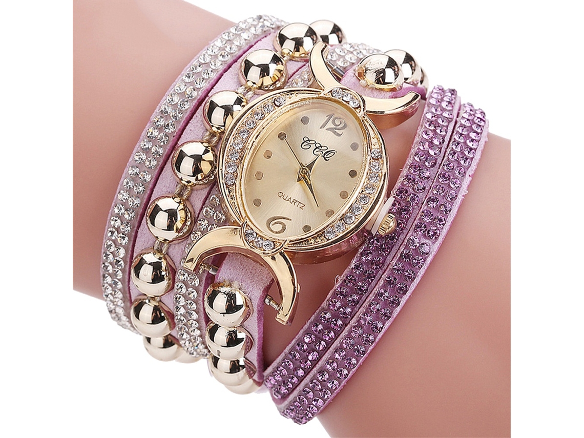 Relógio de Pulso Feminino de Quartzo com Strass e Pulseira de Pu Dial Redondo (roxo)