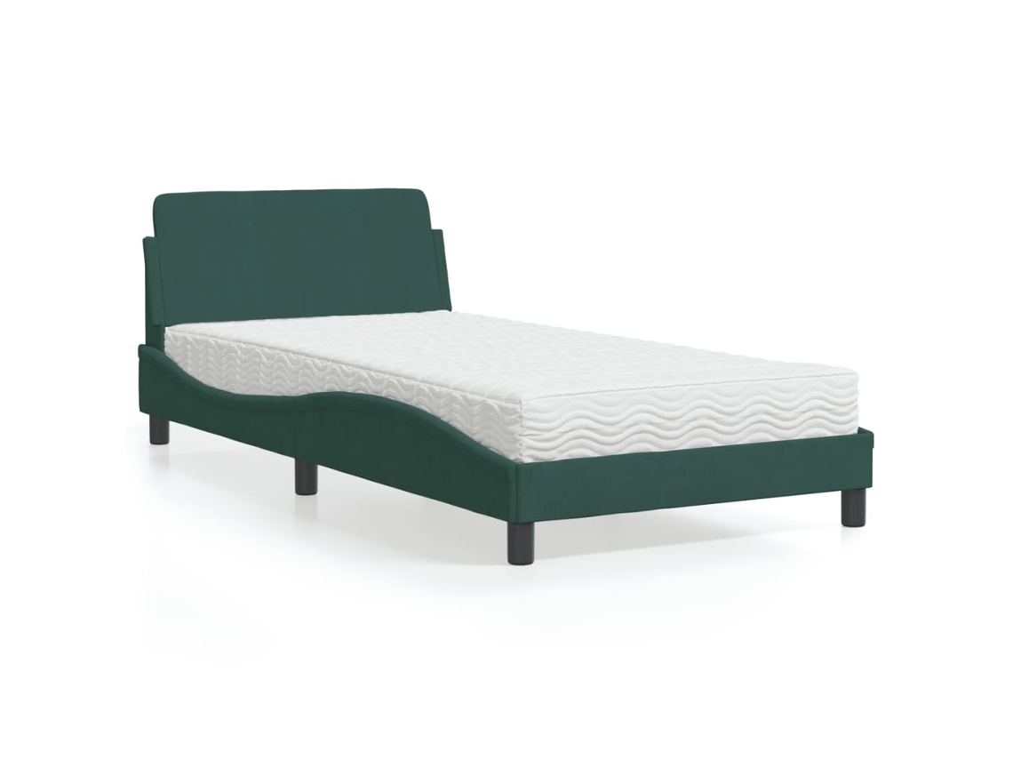 Cama Com Colchão 100x200 Cm Veludo Verde-escuro