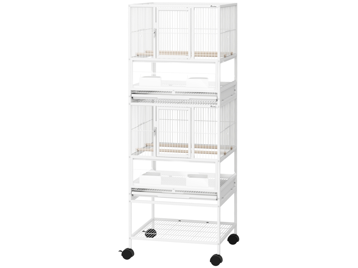 Gaiola Para Pássaros De 2 Níveis Com Rodas Painéis Acrílicos Comedouros Prateleira Bandejas Amovíveis 48x46x134,5 Cm Branco