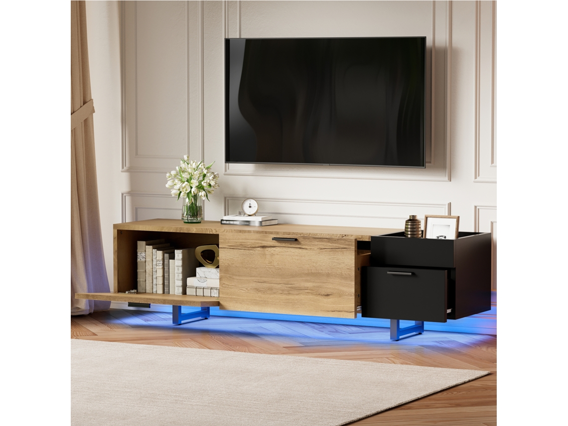 Móvel para TV KOMHTOM, 180x38x49 cm, nichos abertos, gavetas e armário fechado, pés em metal, madeira natural e preto