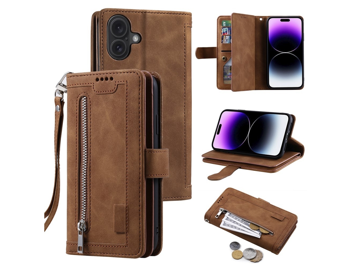 Capa Compatível Com Iphone 17 Com Zíper E 9 Compartimentos Para Cartões - Marrom