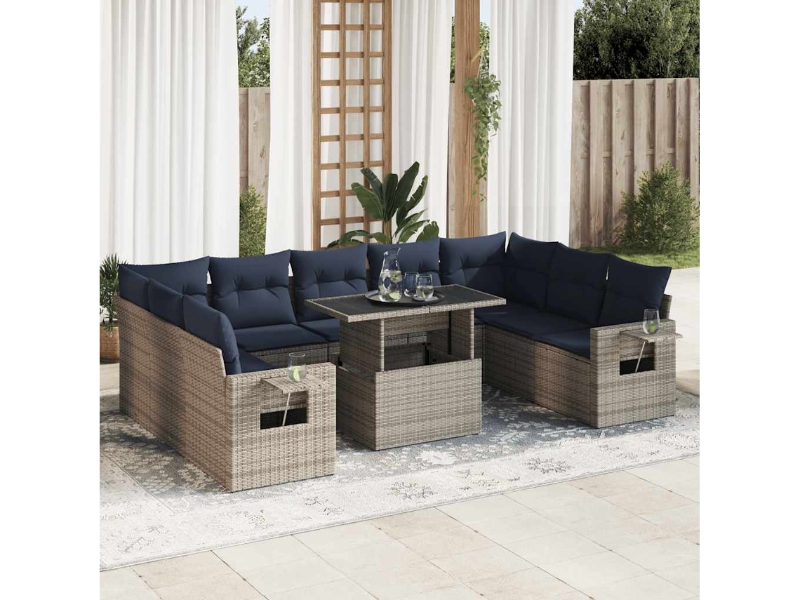 Vidaxl 10 Pcs Conjunto Sofás Jardim Almofadões Vime Pe/acácia Cinzento