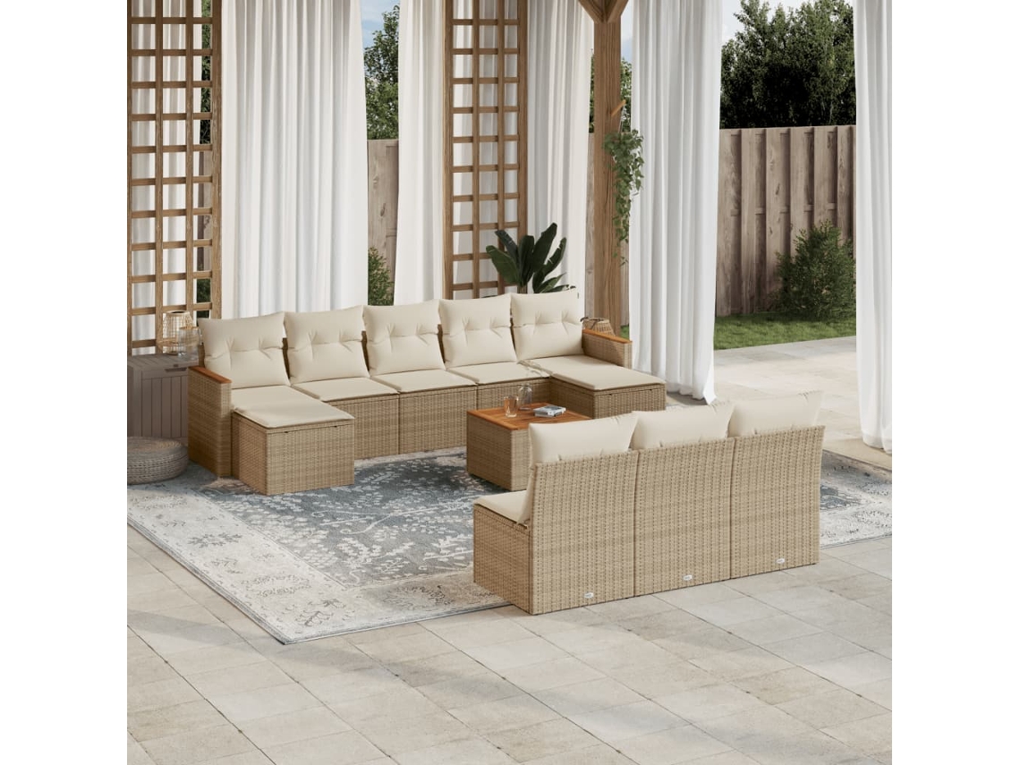Vidaxl 11 Pcs Conjunto Sofás De Jardim C/ Almofadões Vime Pe Bege