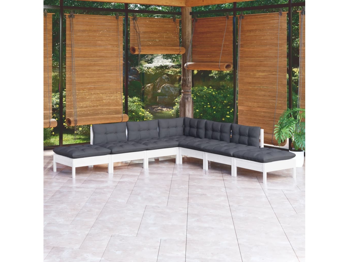 Vidaxl 7 Pcs Conjunto Lounge De Jardim C/ Almofadões Pinho Branco