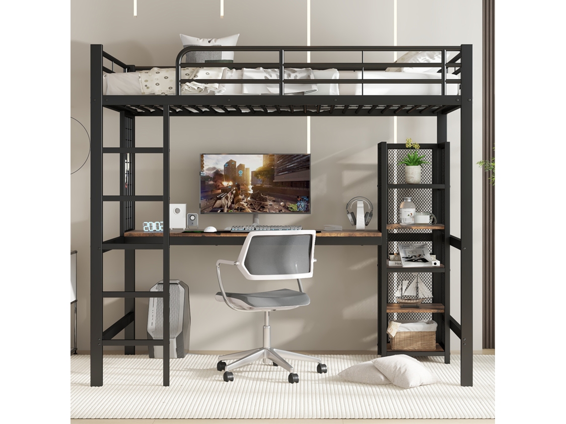 Cama Alta 90x200 Cm Com Secretária E Prateleira De Arrumação Com Escada De Segurança De 5 Degraus Metal Mdf Preto Natural Estilo