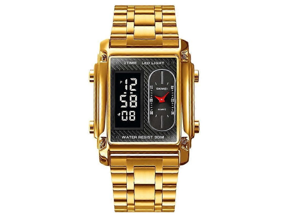 Relógio masculino Skmei 1868 quadrado, à prova d'água, com mostrador duplo e pulseira de aço Hengrongshen (dourado)