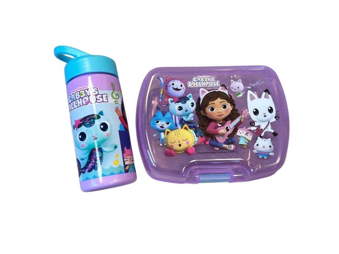 Conjunto De Refeições Infantil Gabby E A Casa Mágica Com Estojo Para Lanche E Garrafa De 420ml Plástico Roxo Para Escola Eurobaq