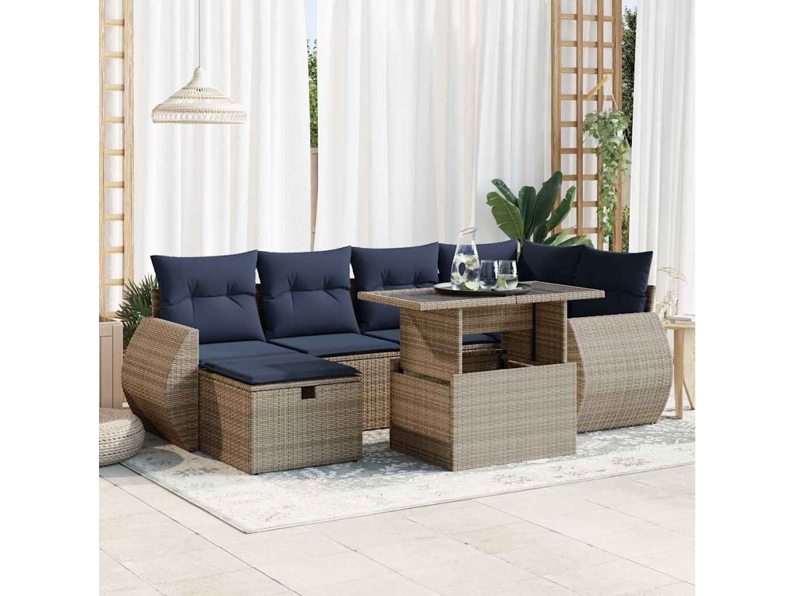 Vidaxl 7 Pcs Conj. Sofás Jardim C/ Almofadões Vime Pe/acácia Cinzento