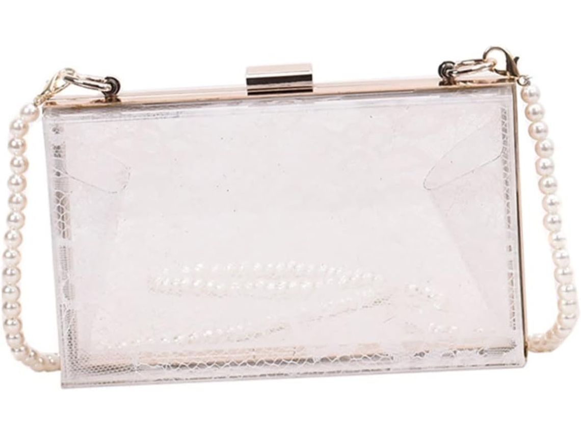 Bolsa De Ombro Feminina Em Acrílico, Modelo Único, Com Corrente E Compartimento Para Acessórios, Na Cor Branca E Metal.