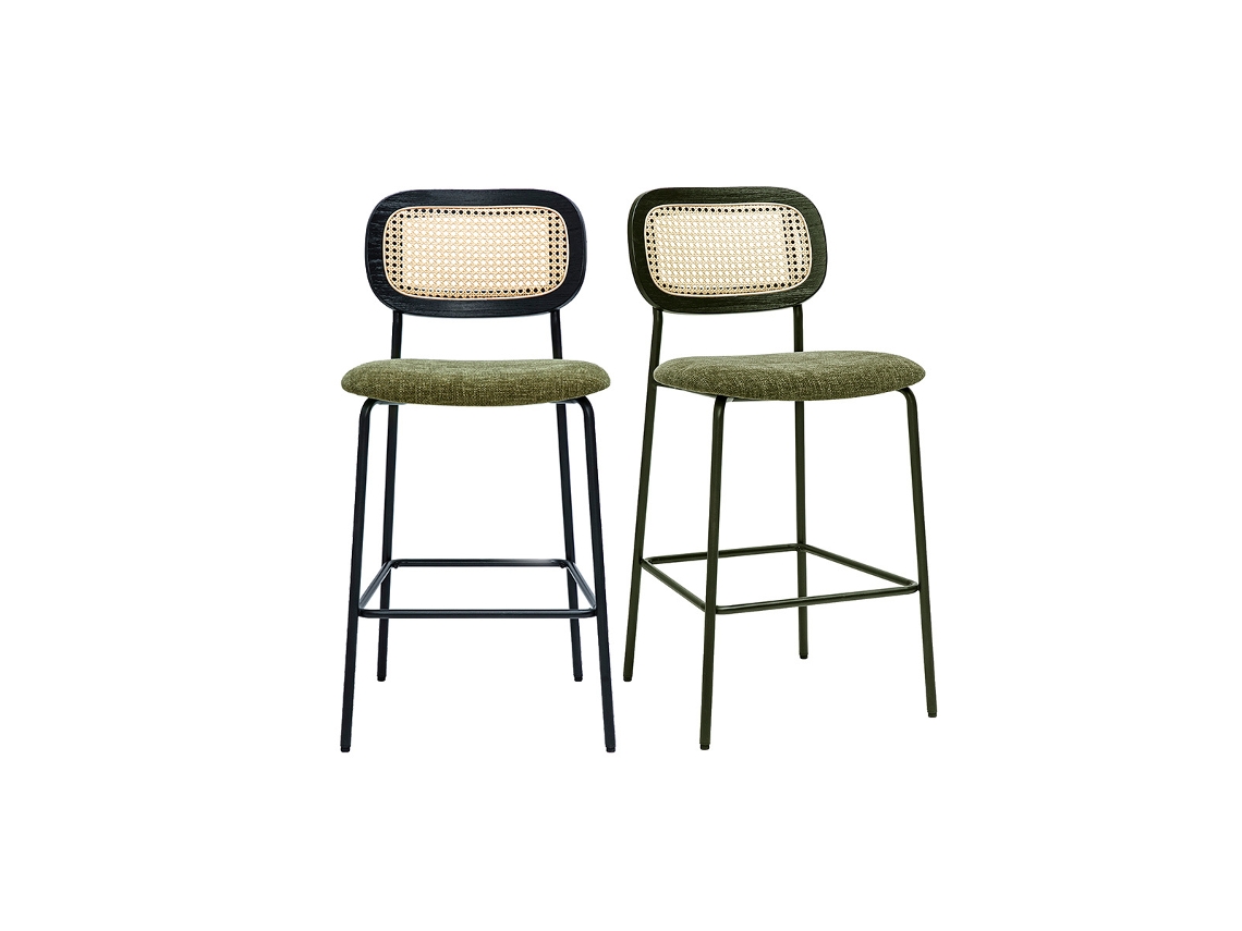 Taburetes De Diseño En Tela Efecto Terciopelo Texturado Verde Caqui, Metal Negro Y Mimbre De Ratán (juego De 2) Miranda Miliboo