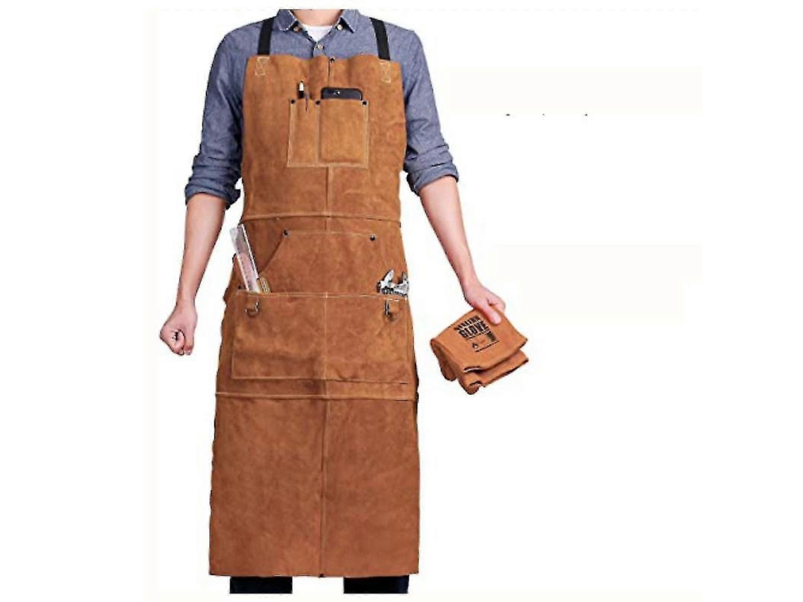 Delantal de Couro para Soldador com 6 Bolsos Incombustível Ajustável de M a XXXL Resistente Ao Calor Ideal para Carpinteiros e Trabalhos Manuais