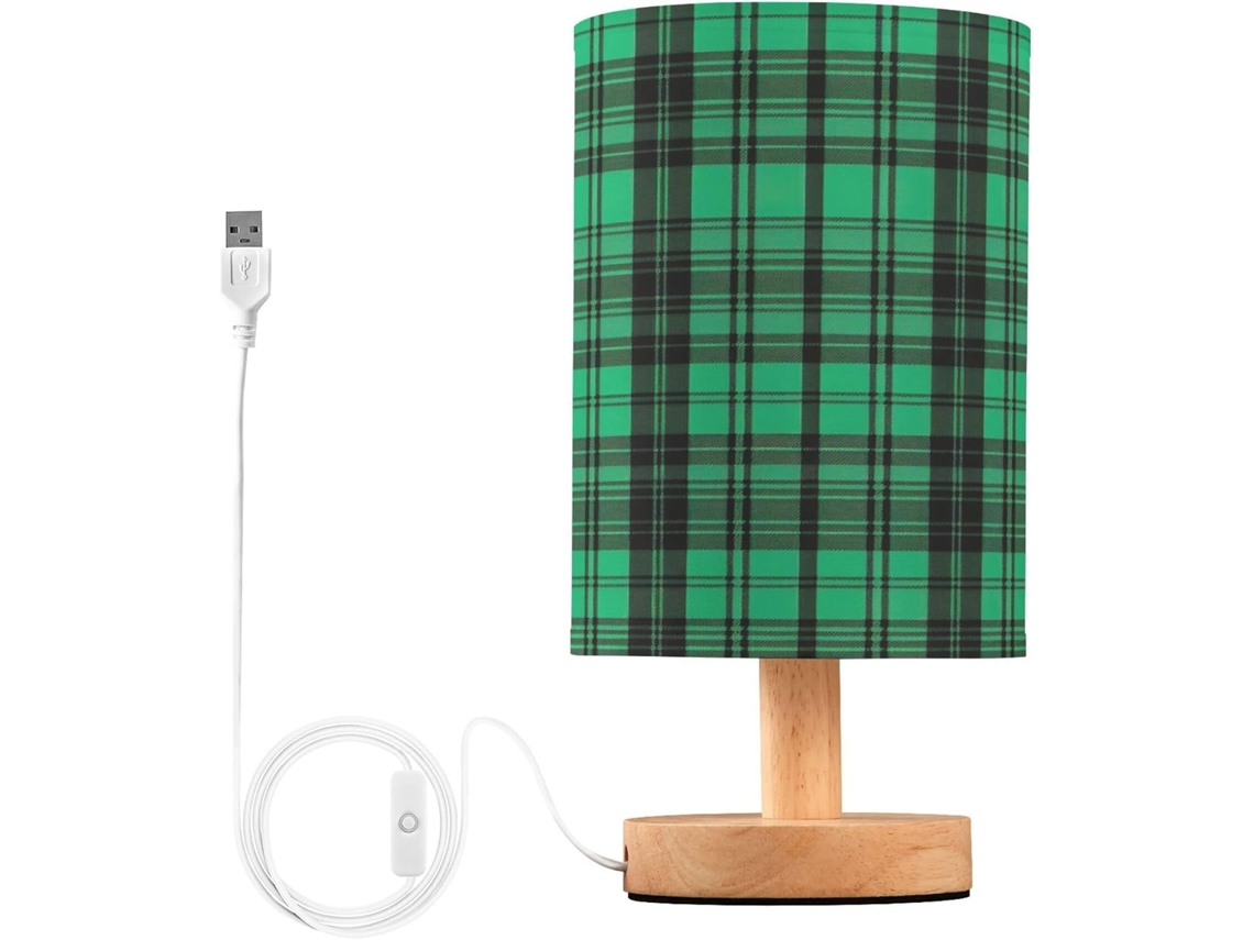 Abajur De Cabeceira Led Com Textura Xadrez Verde, Para Quarto, Com Cúpula De Tecido, Base De Madeira E Porta Usb, Ideal