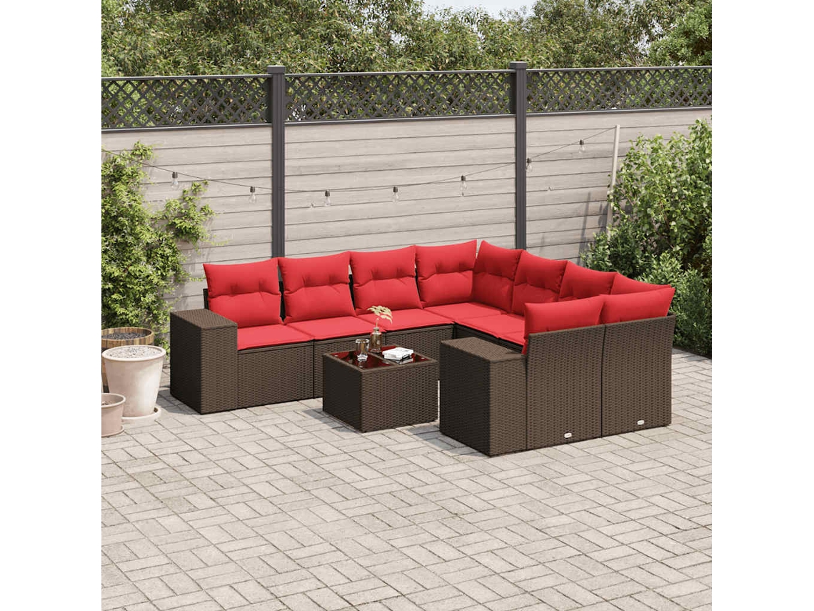 Vidaxl Conjunto De Sofá De Jardim Com 9 Peças E Almofadas Em Rattan Sintético Marrom