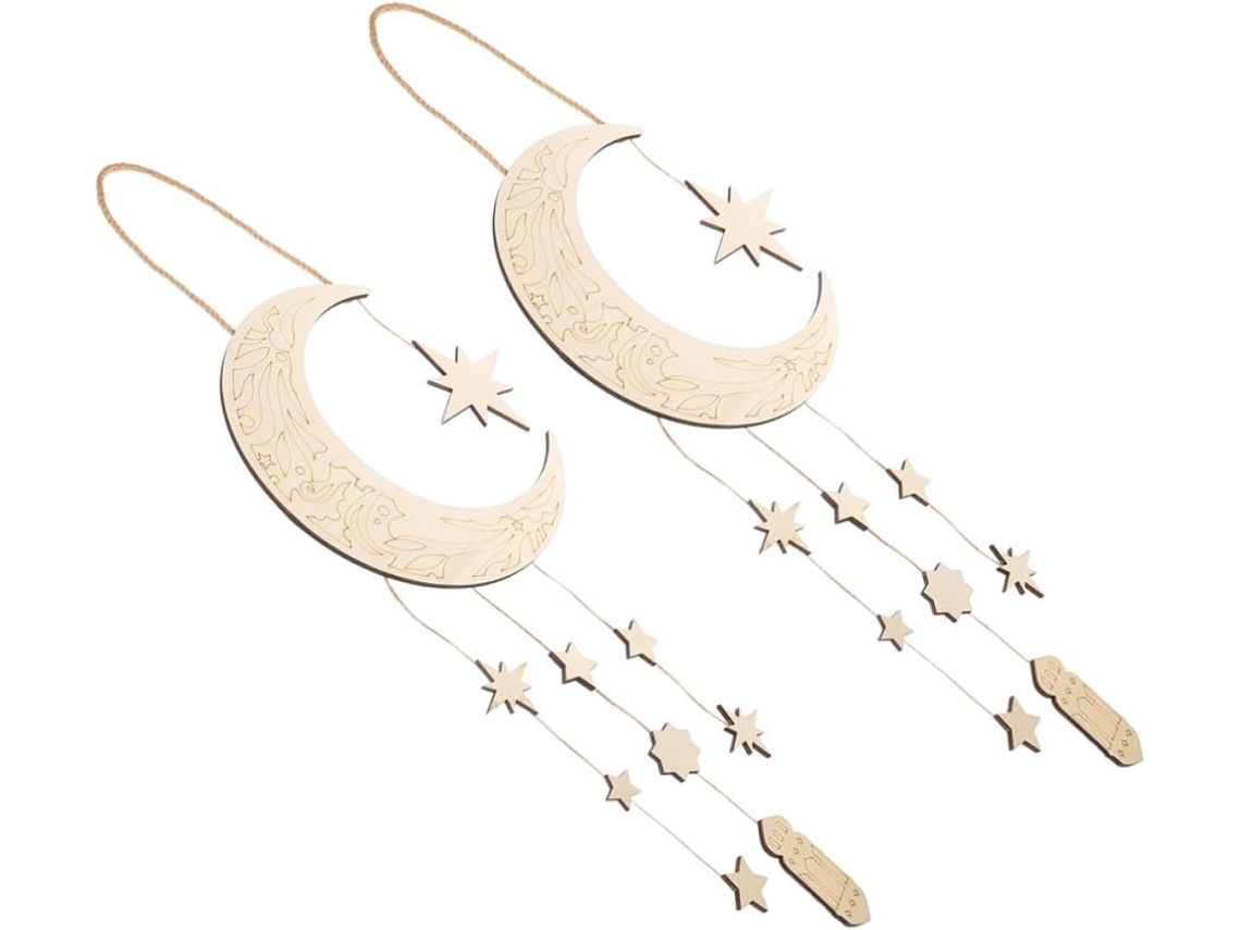 Conjunto De 2 Enfeites De Lua De Madeira, Estrela Decorativa, Para Pendurar