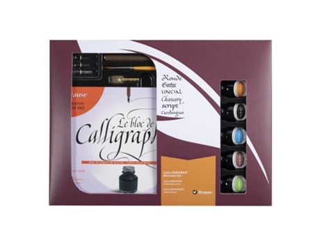 Kit de Caligrafia com 5 Tintas 4 Aparos 1 Suporte de Madeira para Aparos 1 Pincel e 1 Bloco de Caligrafia A5 BRAUSE