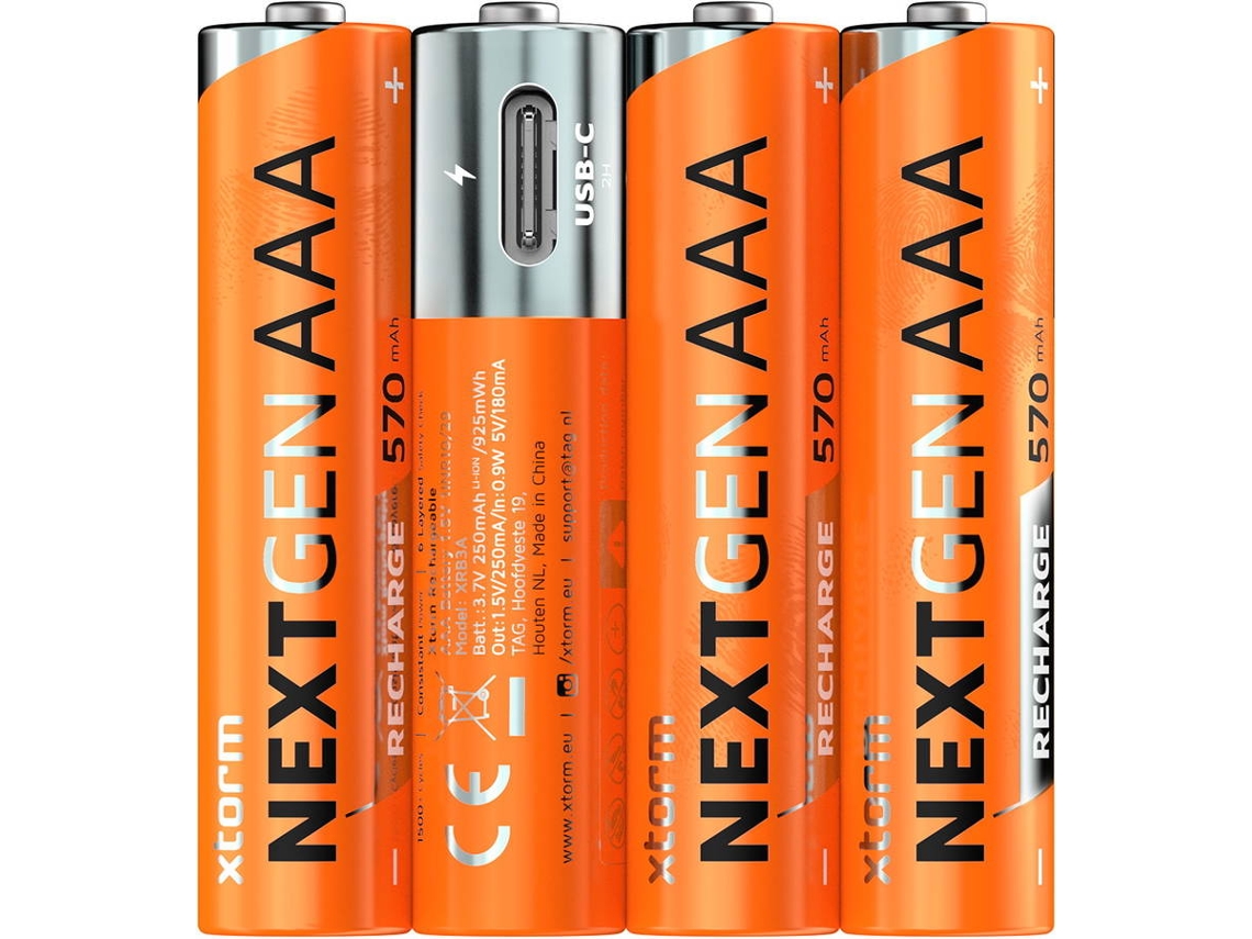 Pack 4 Pilhas AAA XTORM NextGen Recarregáveis USB-C com 570mAh