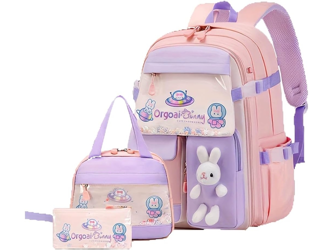 Mochila Escolar Feminina Para O Ensino Fundamental (1º Ao 5º Ano), Com Coelho Pelúcia Kawaii Lancheira