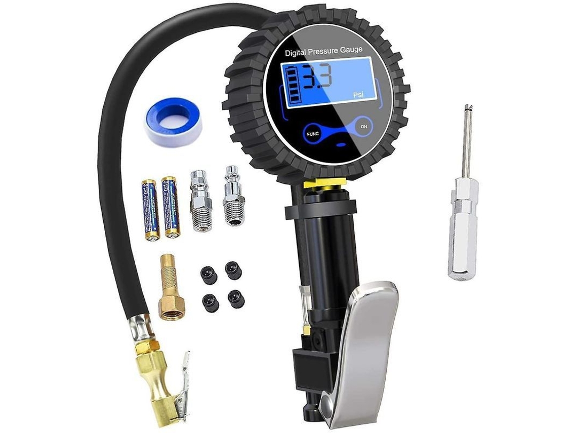 Medidor de pressão de pneus digital preciso de 250 psi com pistola de inflar para carro, motocicleta e bicicleta, com tela LCD e funciona com pilhas AAA.