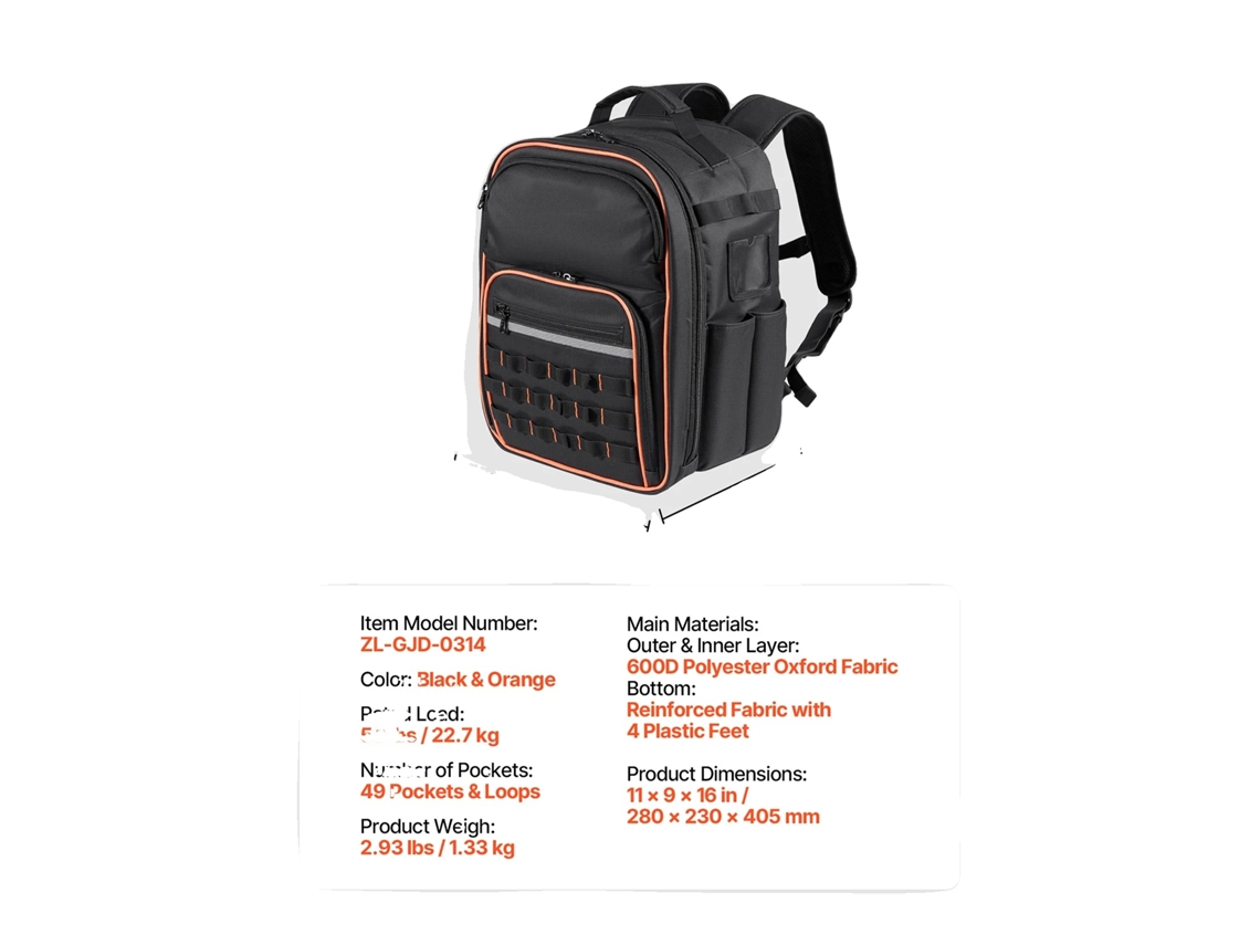 Mochila De Ferramentas, 49 Bolsos, Tecido Oxford Durável, 10-12polegadas