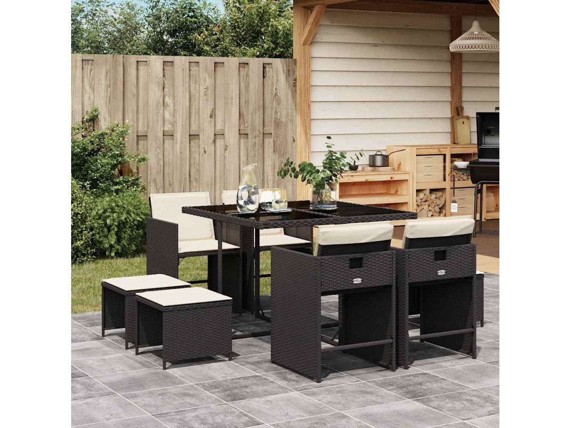 Vidaxl 9 Pcs Conjunto de Jantar P/ Jardim C/ Almofadões Vime Pe Preto
