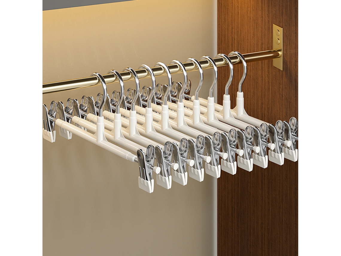 Cabide para calças branco com clipes, resistente e compacto, pacote com 10
