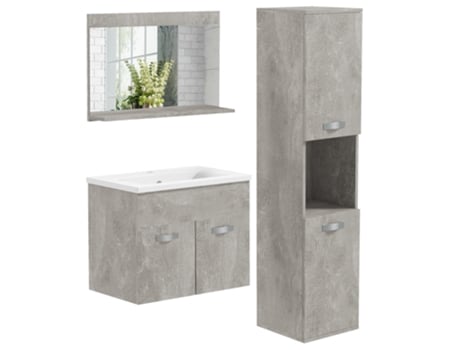 KLEANKIN Conjunto de Móveis para Casa de Banho de Parede 3 Peças Inclui Espelho com Prateleira Móvel com Lavatório Cerâm