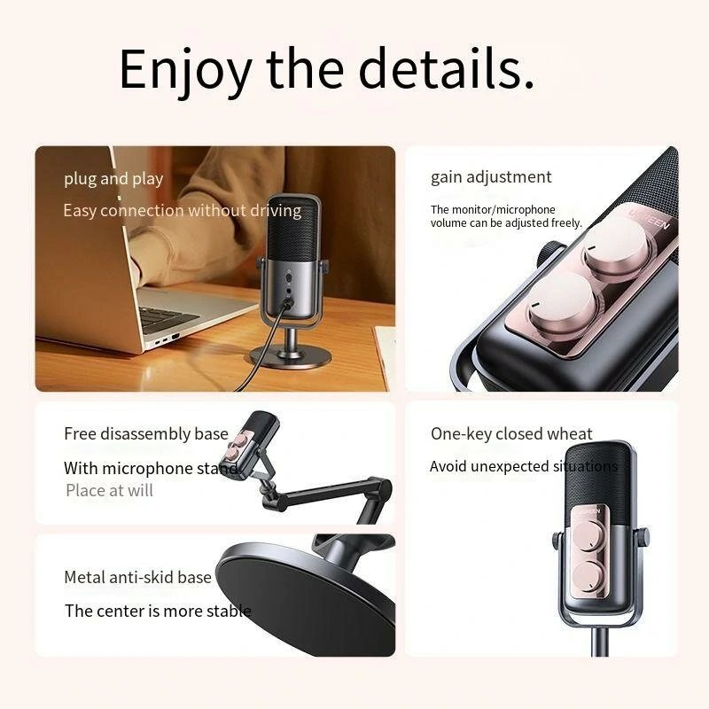 Ugreen Cm592 Usb Microfone Com Fio Hifi Sound Dsp Cancelamento De Ruído Monitorização Em Tempo Real Estúdio De Gravação Ao Vivo Transmissão Laptop Des