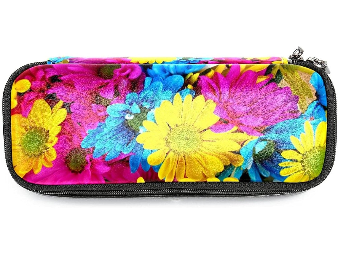 Amplo espaço de armazenamento com estampa floral de girassóis, organizador de canetas, essencial para mochilas e bolsas escolares.