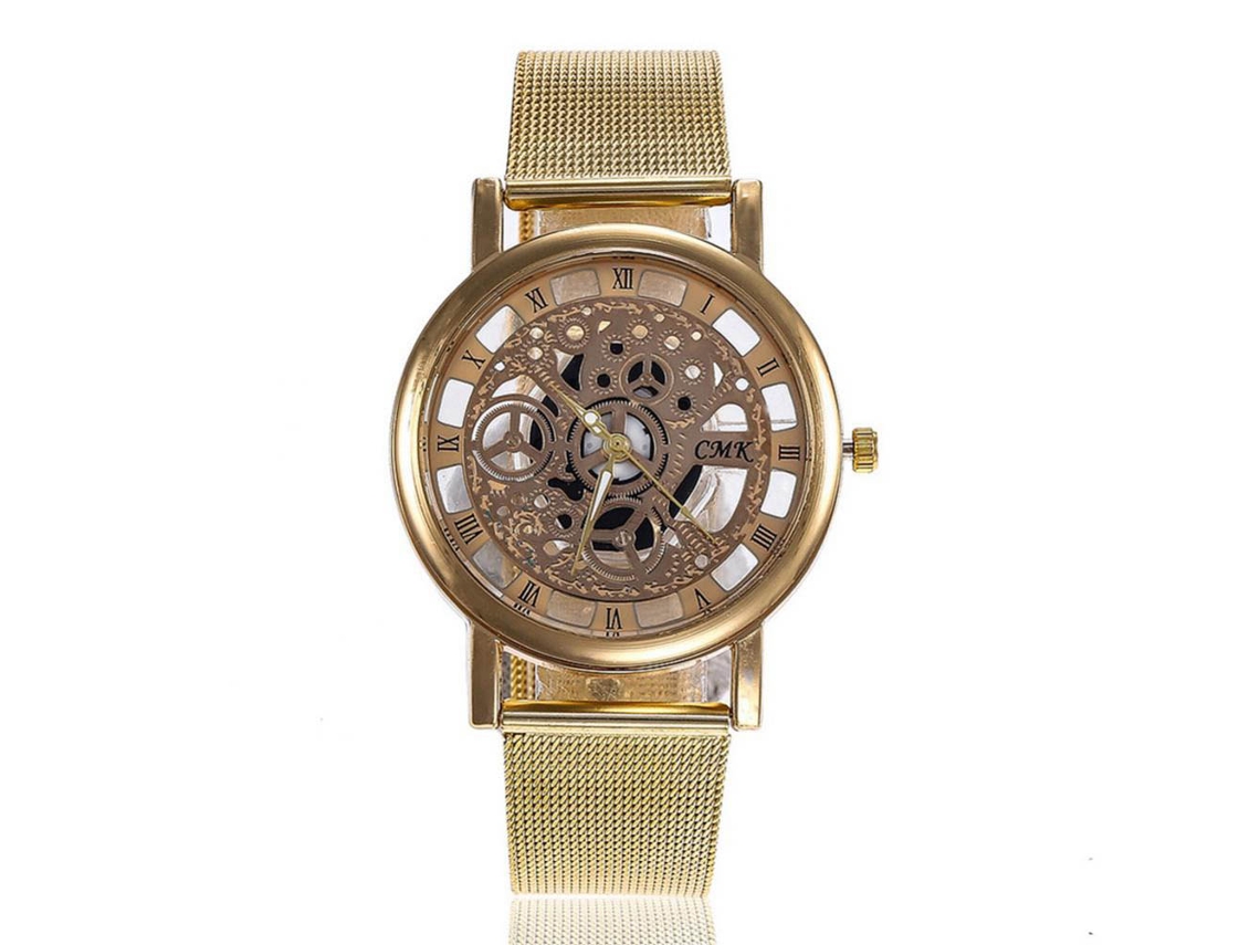 Relógio de pulso em liga metálica com pulseira de malha, mostrador redondo, numerais romanos, CMK (dourado)